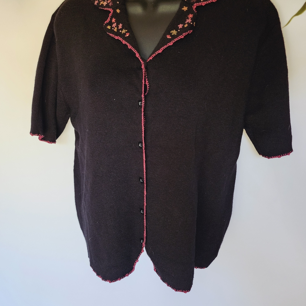 Koret Petite Large Black Floral Ramie Cotton Knit 90s Button‎ Cardigan Top